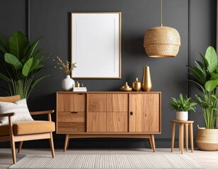 Modern retro composition of living room with wooden vintage commode, furniture, lamp, plant, carpet, pillows, gold mock up poster frame, plants, decoration and personal accessories.