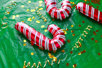 Bright Christmas backgrounds with crumpled paper, fabric, faux fur, bows, confetti, streamers,...