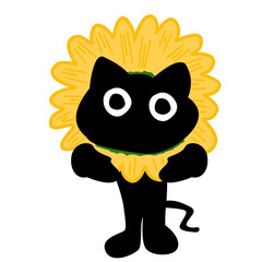 illustration Black cat with sunflower crown. cartoon