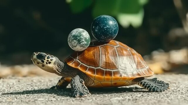 Turtle Balancing Act: Serene Journey with Marble Spheres on the Shell Top
