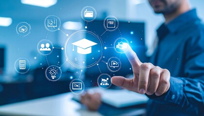 Businessman interacting with digital learning icons