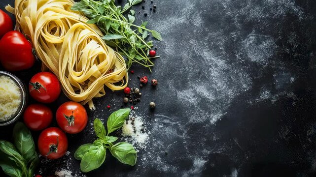 Fresh ingredients and pasta display with basil and tomatoes on dark rustic background