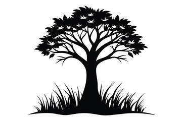 Silhouette Illustration of a Tree with Leaves and Grass in Black Color Scheme