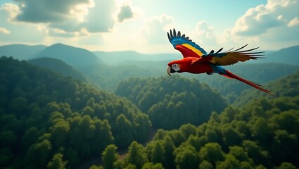 A vibrant scarlet macaw soars above the dense Amazon rainforest with vast green canopy stretching below under a bright sky.