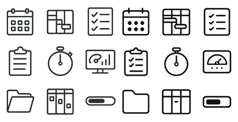 Business and productivity outline icons set – linear, line, office and planning symbols