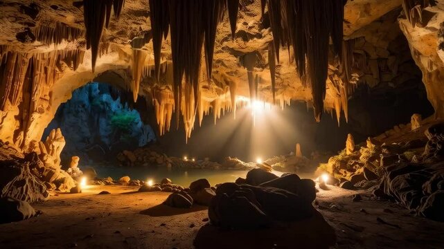 Subterranean cave interior with stalactites, underground river, and mysterious light shafts illuminating the cavern floor.
