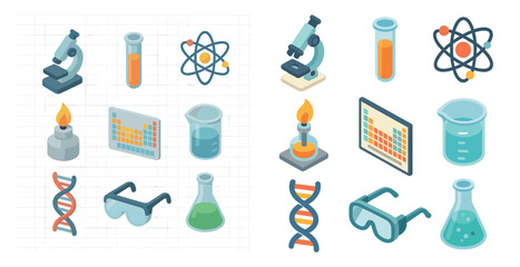 Science and chemistry icons set &ndash; isometric, lab equipment, scientific symbols