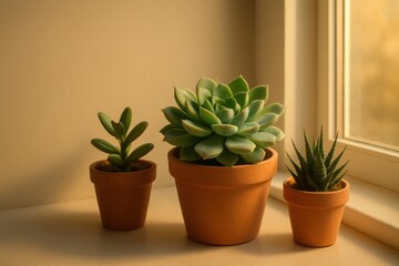 Three potted succulents placed windowsill with warm natural light