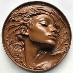 Mocha Mousse Portrait, A close-up, artistic relief sculpture of a woman's serene face with closed eyes and flowing hair, chocolate relief portrait of a woman,  in a circular frame