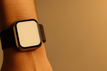 Person wearing smartwatch their wrist with blank screen close up