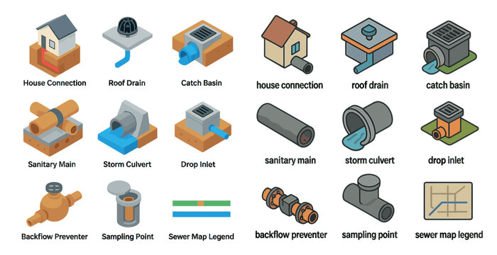 Plumbing and drainage isometric icons set &ndash; construction, utilities, infrastructure symbols