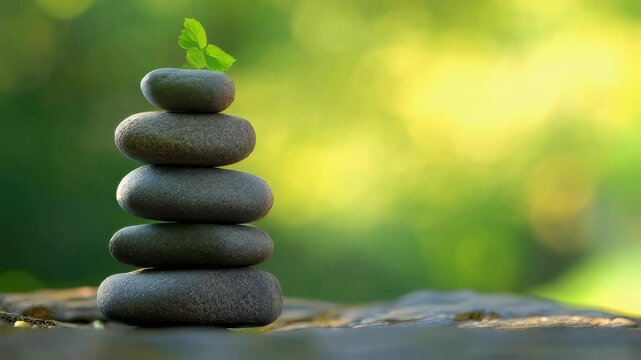 Balanced stone stack with green leaves represents harmony and tranquility in nature's calm ambiance