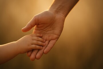 Close up of adult hand holding child hand during sunset