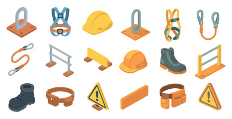 Construction safety isometric icons set – equipment, hazard, site tools symbols