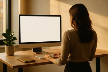 Woman working desk with computer bright room with natural light