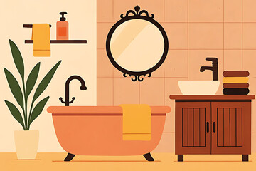 Stylized Digital Bathroom Illustration with Pink Bathtub, Ornate Mirror, and Cozy Decor Accents