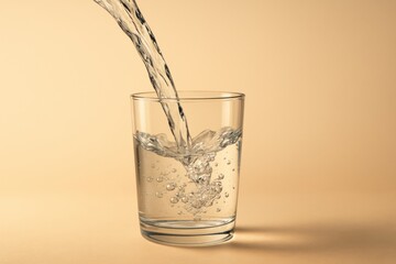 Clear water being poured into glass, creating bubbles and ripples