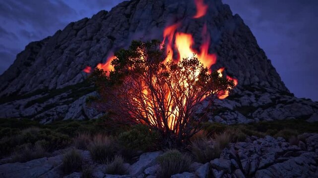 Fiery bush burning dusk with mountain backdrop, mystical landscape and dramatic light, glowing shrub mystical mountain setting
