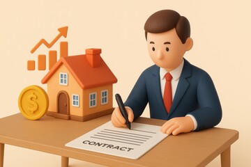 Cartoon businessman signing real estate contract with house model