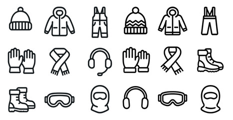 Winter clothing line icons set – outline, apparel, cold weather gear symbols