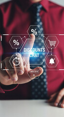 Hand interacts with digital interface showcasing discounts chat, percentage symbols, timer, shopping cart, and notification bell, symbolizing online shopping deals and communication