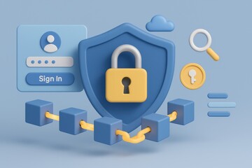 Digital security concept with shield, lock, and login interface