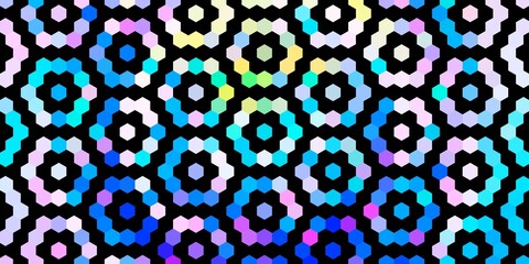 Abstract pattern repeating of floral-like shapes formed by clusters of small, colorful hexagons on a black background