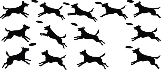 Vector illustration of energetic dogs jumping to catch frisbees, black silhouettes in playful motion, perfect for pet design concepts