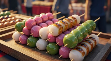 Colorful japanese dango rice dumplings on skewers displayed at a vibrant food stall