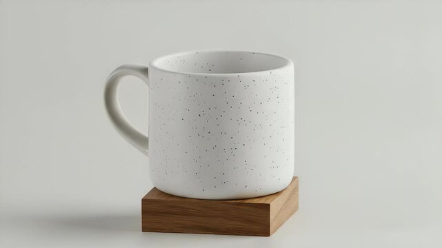 Speckled White Ceramic Mug on Wooden Coaster in Studio Setting Simple and Clean Isolated on White Background Minimalist Design
