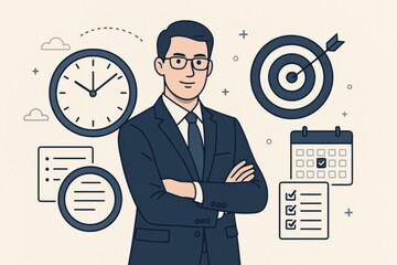 Businessman with goal and time management icons