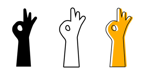 OK Hand Gesture Icon Set. Black Silhouette, Outline, and Yellow Shape Vector Illustrations for Approval, Success, Quality, and Perfection. fantastic icon. OK Hand Outline, and Silhouette icon.