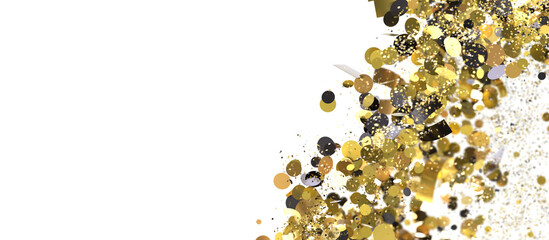 Sparkling gold and black confetti on white. Perfect for party, celebration, and festive designs.