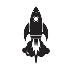 Black rocket icon with flames launching upward, representing startup, innovation or space mission. Tech branding, science project, growth metaphor concept