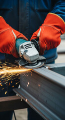 Close-up of worker's hands using grinder on metal beam, sparks flying.  Shows industrial work, precision, and craftsmanship.
