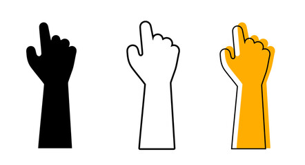 Hand Pointing Up Icon Set. Black Silhouette, Outline, and Yellow Shape Vector Illustrations for Click, Select, Guide, and Interaction.  Hand Pointing or hand click Outline, and Silhouette icon.