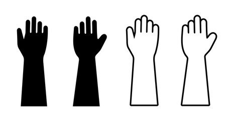 Obraz premium Raised Hands Icon Set. Black Silhouette and Outline Vector Illustrations for Participation, Voting, Asking, and Community Engagement Hands Icon Concepts. Raised Hand Outline, and Silhouette icon.