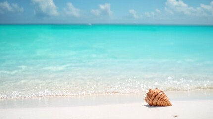 Shell on the Shore: A lone seashell rests serenely on the soft, sandy shore, against a backdrop of the crystal-clear turquoise ocean and azure sky, embodying the peace of a sun-kissed beach.