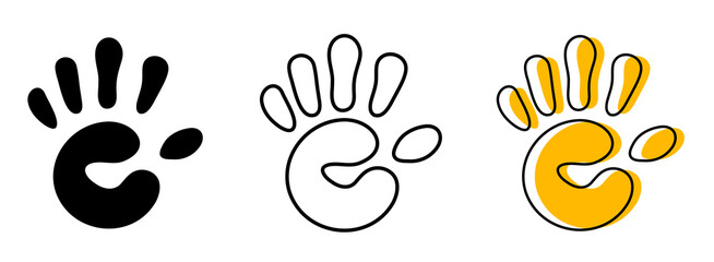 Handprint Icon Set. Black Silhouette, Outline, and Yellow Shape Vector Illustrations for Baby Print, Child Safety, Support, and Creative Art. child Handprint Outline, and Silhouette icon.