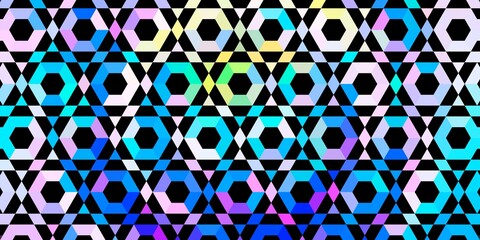 Honeycomb Geometric Illusion. Abstract pattern featuring a tessellation of colorful hexagons and interlocking triangles on a black background