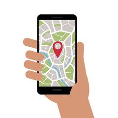 hand holding smartphone with street map application vector illustration