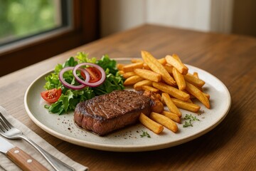Delicious steak and crispy fries served with fresh salad on a white plate.