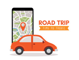 road trip travel concept with car and street map in smartphone vector illustration