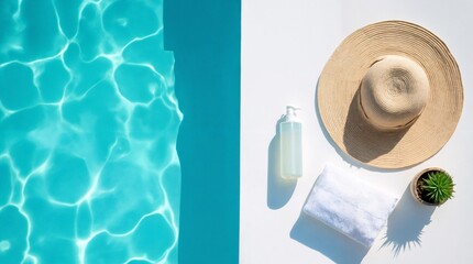 Serene poolside relaxation: A captivating view of a pool, accompanied by a straw hat, skincare product, a towel, and a small plant. It evokes the feeling of calmness, leisure.
