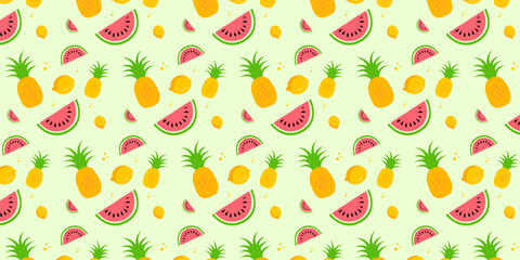 Colorful summer Fruit seamless pattern. abstract fresh fruits background wallpaper with pineapple, lemon, watermelon. vector illustration