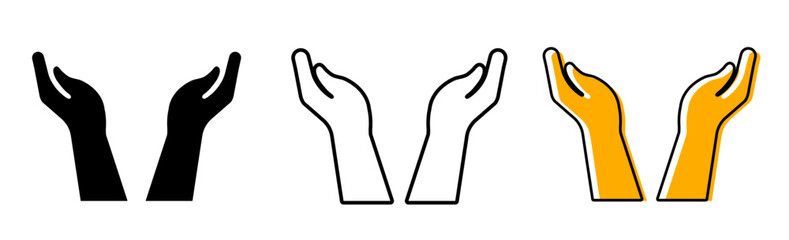 Open Hands Icon Set. Black Silhouette and Outline Vector Illustrations for Giving, Receiving, Support, Hope, Prayer, and Generosity Concepts. care Open Hands Outline, and Silhouette icon.