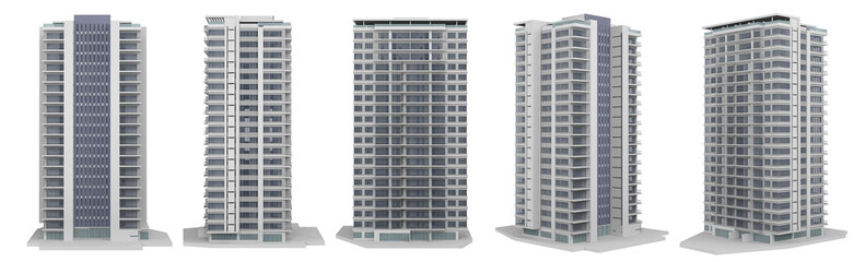 3d rendering of a modern high-rise residential building with balconies and glass facade. Real estate architecture, isolated on white background. Multiple views of apartment tower.