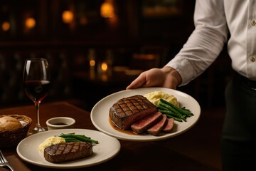 Waiter serving plates of perfectly cooked Wagyu steak in a refined restaurant setting.