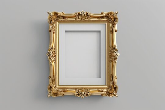 Antique golden frame on grey wall background. Neural network ai generated