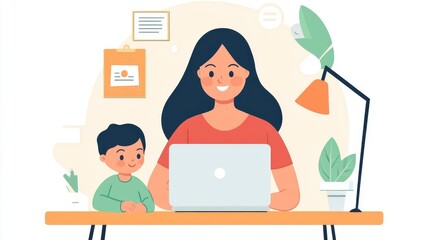 Fototapeta premium Cheerful mother and son engaging with technology at home, showcasing modern parenting and family life with a laptop, plants, and a cozy workspace atmosphere